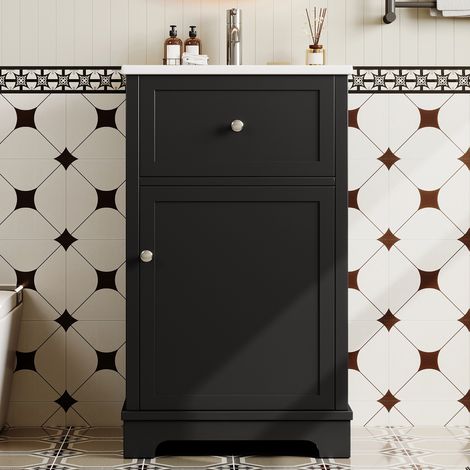 Meuble vasque en MDF laqué noir 87x51x46cm, vasque intégrée, tiroir coulissant, étagères ajustables, rangements avec portes, pieds surélevés