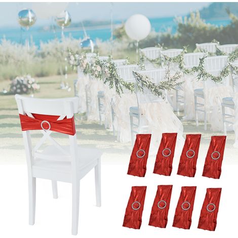 Lot de 10 housses de chaises de banquet de mariage avec ceintures élastiques et bordures décoratives rouge vif (1/5)