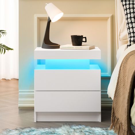 Table de Chevet Blanc 50x36x53 cm Meuble de Nuit Moderne avec Éclairage LED et 2 Tiroirs de Rangement - pour Chambre Salon Bureau (1/5)