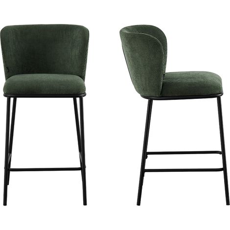 Homifab – Lot de 2 tabourets de bar en velours côtelé vert kaki – Hauteur d'assise 65 cm – Piètement métal noir – Confort ergonomique (1/5)