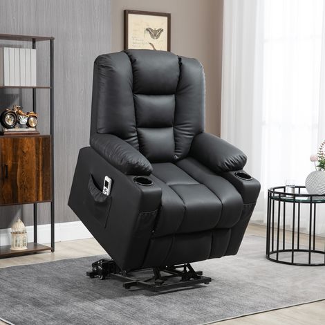Poltrona massaggiante, reclinabile con sollevamento assistito, poltrona TV con porta USB, funzione reclinabile, ruote, telecomando, portata massima 150 kg, colore nero. (1/5)
