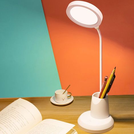 Lampe De Bureau - Bras Flexible 360° - 3 Modes D'éclairage Réglables - LED Anti-fatigue Oculaire - Rechargeable Par USB - Support Stylo Intégré - Blanc - 1 Pièce (1/5)