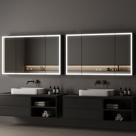 Spiegelschrank Bad mit Beleuchtung 100x60cm Bad Spiegelschrank mit Beleuchtung Badspiegel mit Beleuchtung Badschrank Hängeschränke mit 3 Einstellbare Lichtfarben Beschlagfrei, Schwarz (1/5)