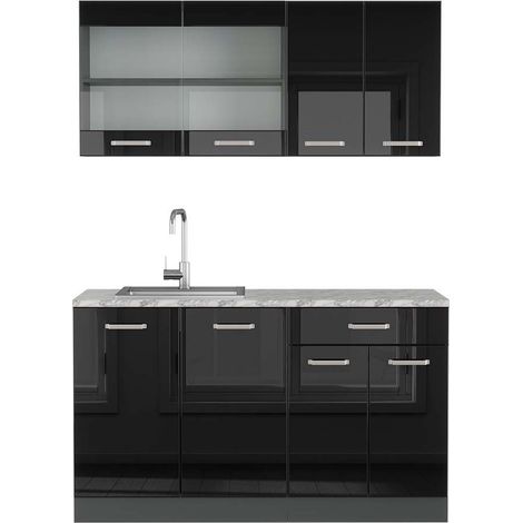 Cocina versátil R-Line, Negro/antracita de alto brillo, 140 cm , ET Mármol, Vicco