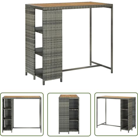 The Living Store Table de bar avec rangement Gris 120x60x110 cm Résine tressée - Table De Bar - Table Haute - Table Bistrot - Table Avec Rangement - Table Acacia (1/5)