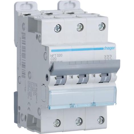 Disjoncteur 3P 6-10kA courbe C - 20A 3 modules - Hager (1/4)
