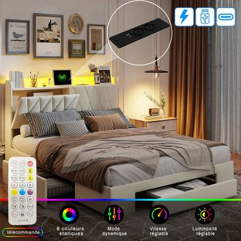 Bett 140x200 cm mit 3 Schubladen und LED, USB, Doppelbett 140x200 cm, gepolstertes Bett, Samtstoff, Bettgestell mit Lattenrost, Beige