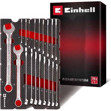 Original Einhell E-Case Pad 19-tlg. Gabel-Ringschlüssel (Ø 6–27 mm, 12-Kant-Profil, Chrom-Vanadium-Stahl, satinierte Oberfläche, EVA-Pad, E-Case-System)
