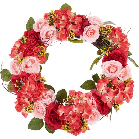 Corona de puerta roja y rosa artificial decorativa hecha a mano redonda 50 cm decoración de pared de mesa estilo rústico Agulo