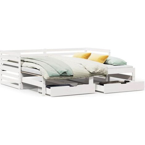 Canapé-lit avec tiroirs, matelas non inclus, blanc, 90x200 cm, bois massif. (1/5)