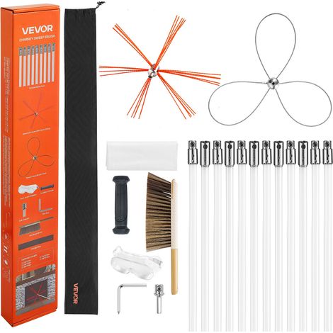 Kit de Ramonage 12 m Ramonage Cheminée Brosse Extensible Outil de Nettoyage Foyer pour Cheminées Carrées Rectangulaires Arquées, avec Double Tête de Brosse, Tiges Nylon, Lunettes de Protection (1/5)