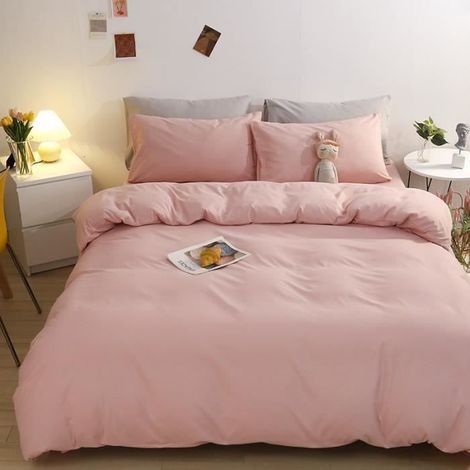 Parure de drap en Coton lavé - Parure de lit 4 Pcs avec 2 Taies d'oreiller, 1 Drap, 1 Housse de Couette - Rose - 200x230cm (1/4)