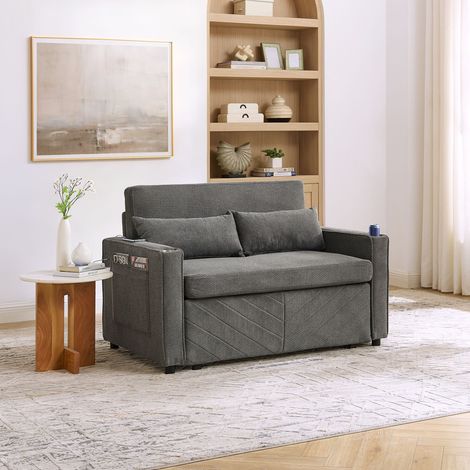 Canapé-lit 2 places 3-en-1 minimaliste luxueux,design coulissant,port USB,confortable pour sieste et nuit,couleur gris foncé moderne.