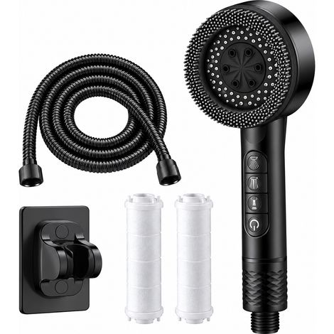 Pommeau de douche turbine réglable à quatre vitesses + flexible de 2 mètres + support, système de filtration intégré, 2 cartouches de rechange incluses, noir
