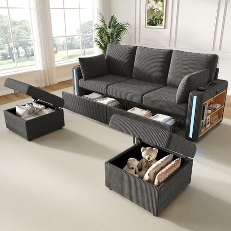 Canapé d'angle,canapé Convertible 5 places,avec 2 tabourets avec rangements,LED via application,USB/Type-C,étagère accoudoir, grands tiroirs,coussins,5 Places en Forme de U pour Salon,Gris (1/5)