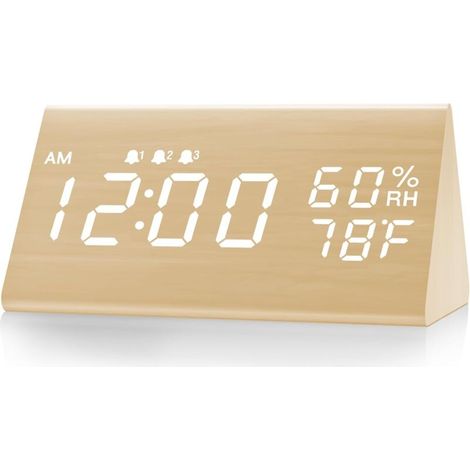 Réveil numérique avec boîtier en bois, affichage LED électronique, 3 réglages d'alarme et fonction de détection de la température et de l'humidité.