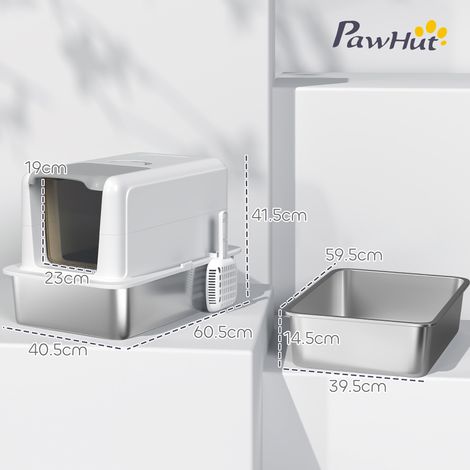 Litière pour chat avec couvercle, bac en acier inoxydable, filtre à litière intégré, pelle incluse, idéale pour chats jusqu'à 6 kg, blanc. (1/5)
