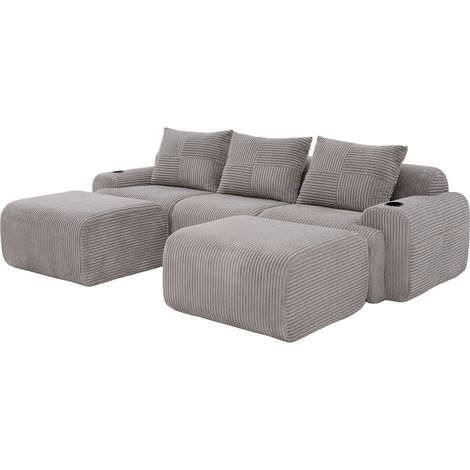 Sofá modular de 3 plazas con 2 taburetes de pana gris claro HOMVRA (1/5)