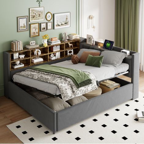 Bett 140x200 cm, multifunktionales Polsterbett aus Samt in Dunkelgrau, mit USB/Type-C, Nachtlicht und hydraulischem Stauraum (1/5)