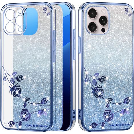 Custodia per iPhone 16 Pro Max, fiore glitterato, blu (1/5)