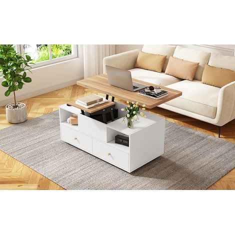 Table basse relevable blanc chaud en MDF avec 4 tiroirs, plateau rabattable (1/5)