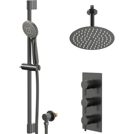 Colore Round Gunmetal Grey Concealed Triple Thermostatic Shower Valve and 200mm Fixed Head with 150mm Ceiling Arm and Slide Rail Kit - 2 Outlet (1/5)