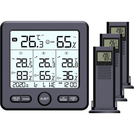Stazione meteorologica wireless con sensore esterno, radio digitale, display termometro, igrometro, 3 sensori interni ed esterni