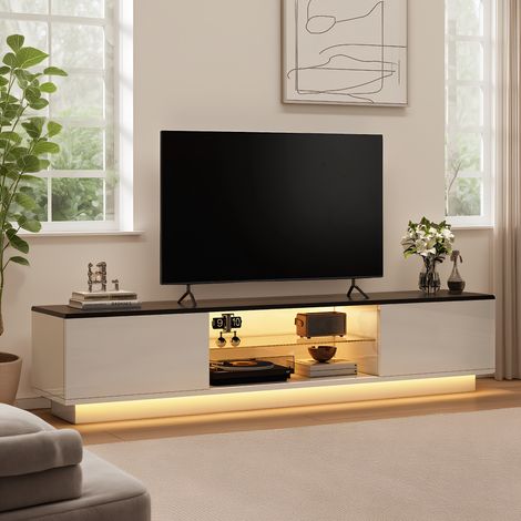 TV Lowboard mit LED-Beleuchtung, TV-Schrank mit zwei Schiebetüren und 2 offenen Fächern, modern TV - Table, Für Wohnzimmer, Esszimmer und Schlafzimmer, Weiß, 160 x 32 x 35 cm (1/5)