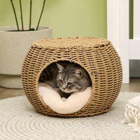 Casita/cesta para gatos de dos niveles, fabricada en resina tejida con aspecto de ratán y con 1 cojín suave, Ø 40 x 30 cm, color marrón claro.