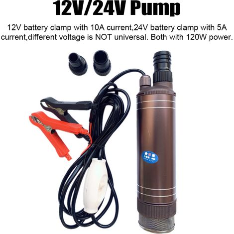 Pompe à eau submersible 12 V/24 V, coque en alliage électrique portable, moteur en cuivre, transfert de carburant diesel kérosène max 55 L/min avec connecteur 16/21/25 mm (1/5)