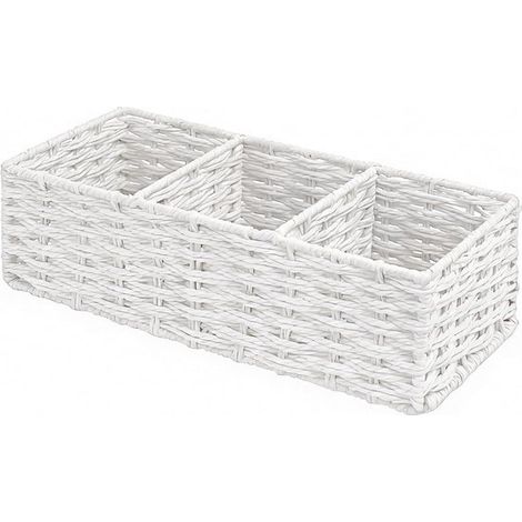 Organisateur de salle de bain tressé à la main, panier de rangement avec 3 compartiments, pour serviettes d'invités et rouleaux de papier toilette, 36 x 15 x 10 cm, blanc (1/5)