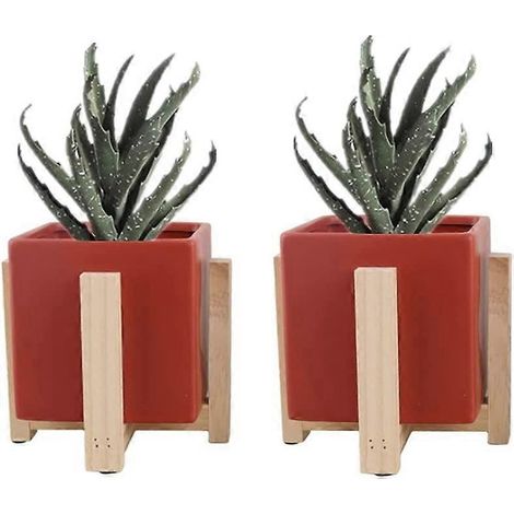 Set aus 2 Keramik-Blumentöpfen mit Holzständer für Pflanzen - Modern - Für drinnen und draußen - Rot (Quadratisch)