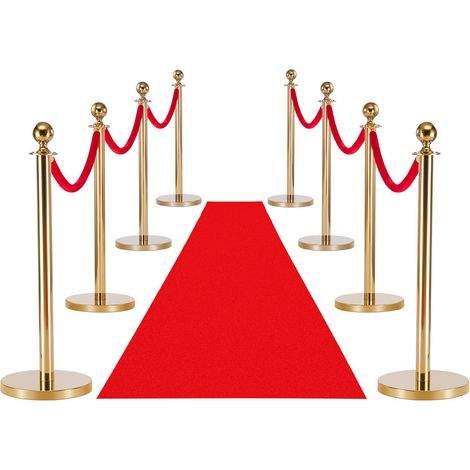 Poteaux de guidage, ensemble de 8 barrières de contrôle des foules avec tapis rouge, 6 cordons en velours rouge, poteaux de guidage en acier inoxydable doré avec base creuse pour théâtre, fête, mariag (1/5)