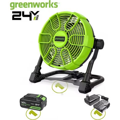 Greenworks Ventilateur 24V 10 pouces - 5 vitesses, 500 CFM, rotation 360° hybride AC/DC - Batterie 4Ah + chargeur rapide inclus