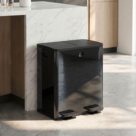 Poubelle de cuisine 2 bacs 2 x 20L, inox, couvercle à fermeture silencieuse, 45,8x36x51,6cm, noir (1/5)