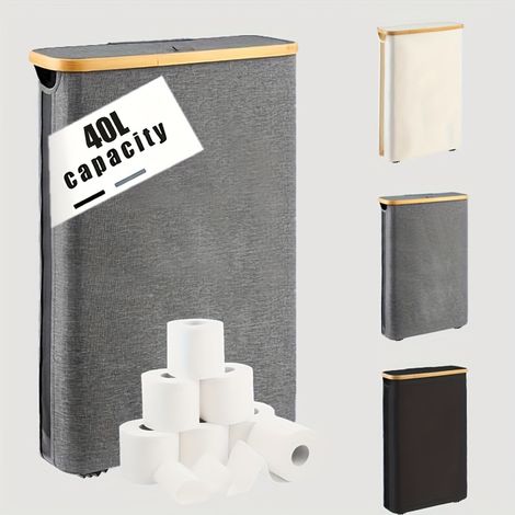 Cesto portabiancheria sottile con coperchio, 40 l, salvaspazio, fodera in rete rimovibile, tessuto Oxford, manici in bambù, pieghevole, 42 x 13 x 70,5 cm, grigio tortora