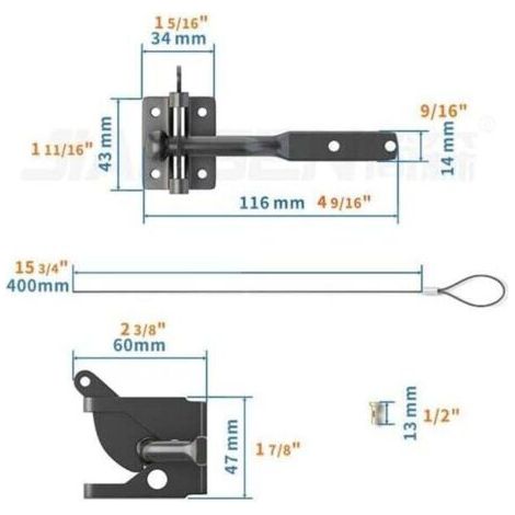 NALOOKAMIC Serrure de portail automatique, loquet à gravité en acier pour clôture de jardin, noir avec 6 vis pour portail de clôture Suffolk