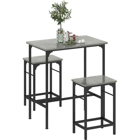 Ensemble table de bar avec 2 tabourets, cadre en acier pour cuisine, salle à manger et salon, gris