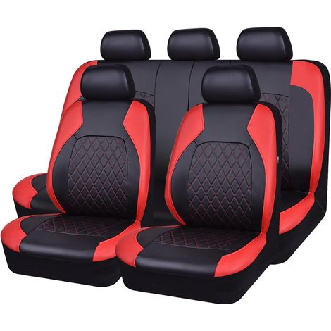 Universelle Autositzbezüge aus Kunstleder, Komplettset, Airbag-kompatibel, atmungsaktiv, passend für Pkw, Lkw und SUVs, Deluxe-PU-Luxus-Vinyl (Schwarz mit Rot) (1/5)