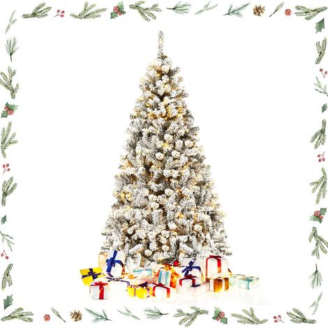 GOPLUS 180CM Sapin de Noël avec 250 Lumières LED,Effet de Neige Réaliste Floqué,600 Branches avec Ouverture Automatique,Base en Fer (1/5)