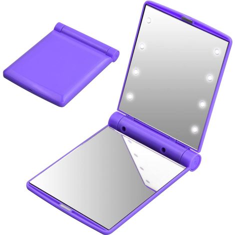 Miroir de poche LED violet pliable - miroir de voyage compact, miroir de maquillage portable, miroir de sac à main avec 8 lumières LED, cadeau idéal pour femme, petit miroir rétractable (1/5)