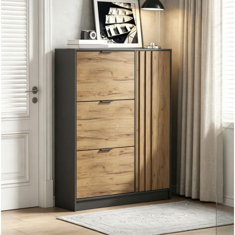 Meuble à chaussures 3 abattants et 1 porte, 100x30x130 cm, 12 paires, étagères amovibles, en MDF, naturel et noir (1/5)