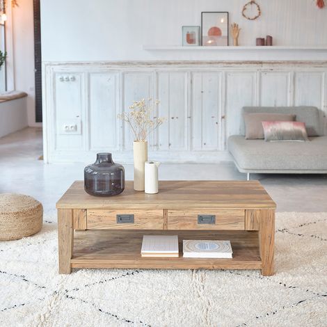 Berah Getah – Table basse fixe en teck recyclé massif – Double plateau avec 2 tiroirs – Dimensions 120x60x42 cm – Fabrication artisanale unique (1/5)