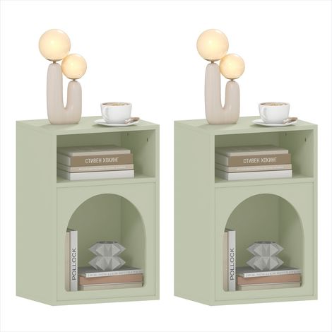 Lot de 2 tables de chevet design arqué vert clair, MDF, 40 x 30 x 60 cm, 2 compartiments ouverts (1/5)