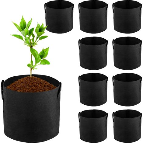 Lot de 10 sacs de culture en tissu non tissé, 11 L, avec poignées, pour légumes, fleurs, balcon et terrasse. (1/5)