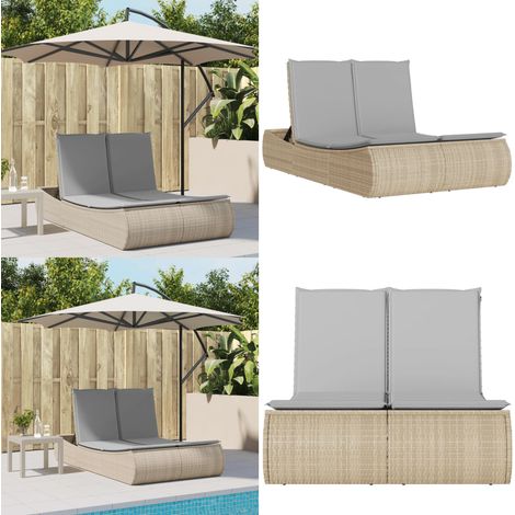 Doppel-Sonnenliege mit Auflagen Beige Poly Rattan - Doppel-Sonnenliege - Gartenliege - Lounge Chair - Outdoor Liege - Sonnenschirm - Home & Living (1/5)