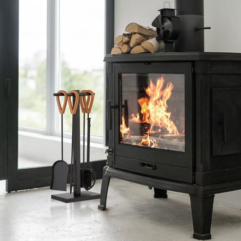 Kaminbesteck set mit metallstander und ledergriffen