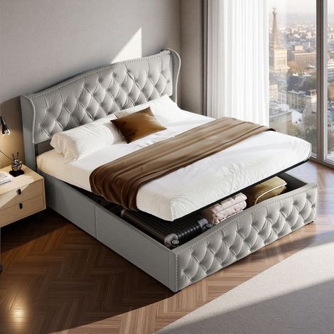 Letto Coffre 140x200 in Velluto Grigio, Ritiro Idraulico e Testiera con Rivetti, Rete Inclusa, Design Moderno per Camera da Letto Adulta