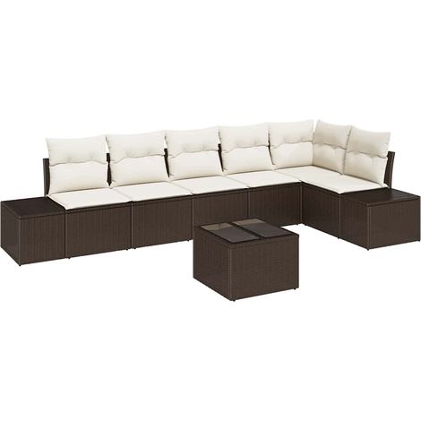 Garden Sofa Set with Cushion 7 pcs Brown and Cream Poly Rattan vidaXL