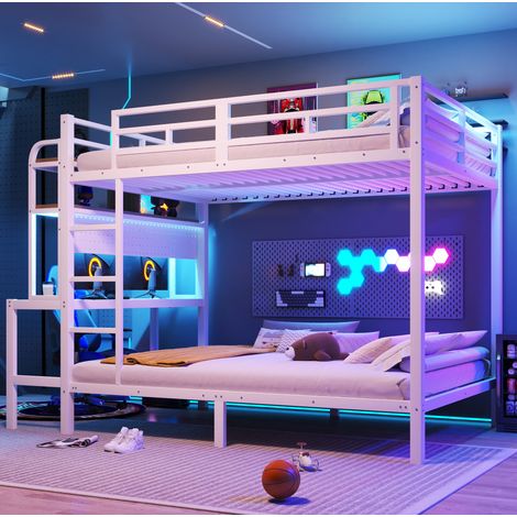 Cama alta 140 x 200 cm de metal y MDF con escritorio, almacenaje, LED, USB, blanca (1/5)